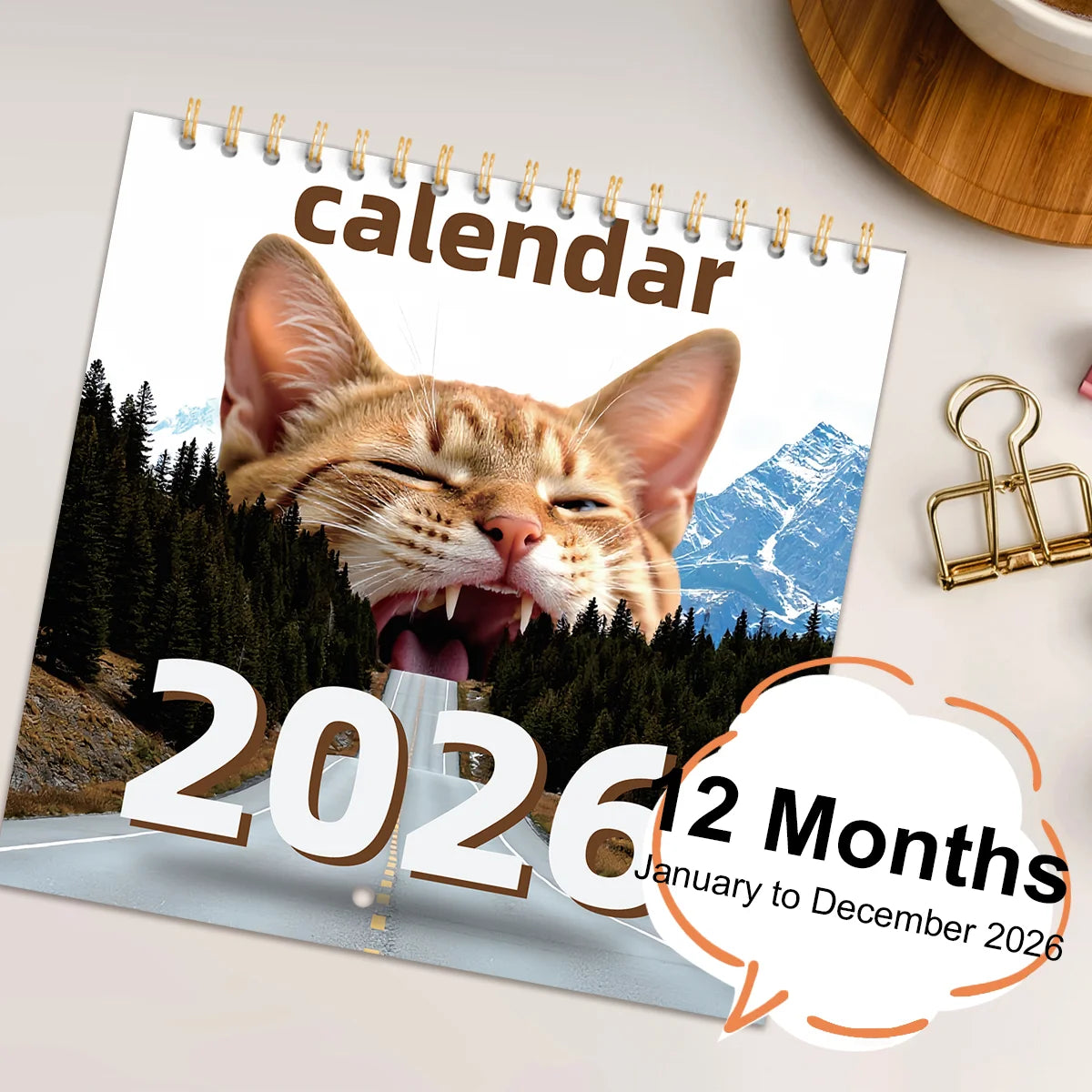 2026 Cat Themed Wall Calendar Amusing Cat Image with Mountain Road Great for Gifting & Adding Fun to Your Space ﻿
