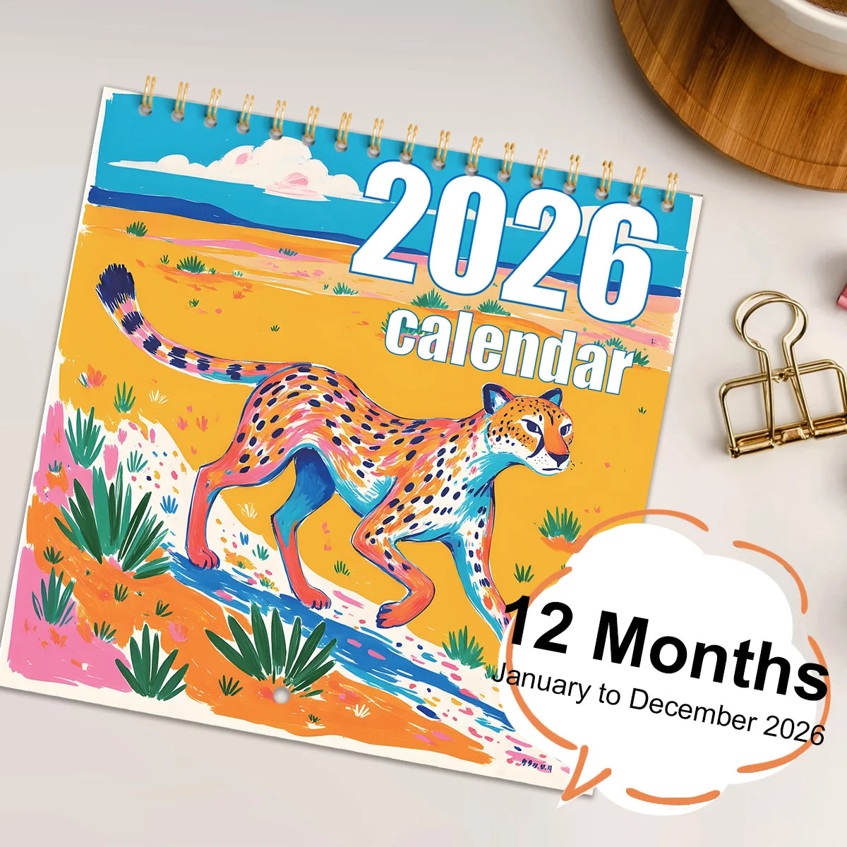 12 Month 2026 Calendar Square Daily Weekly Monthly Planner Fantastic Colors Wall Calendar Cartoon Animal Calendar Home Decor ﻿