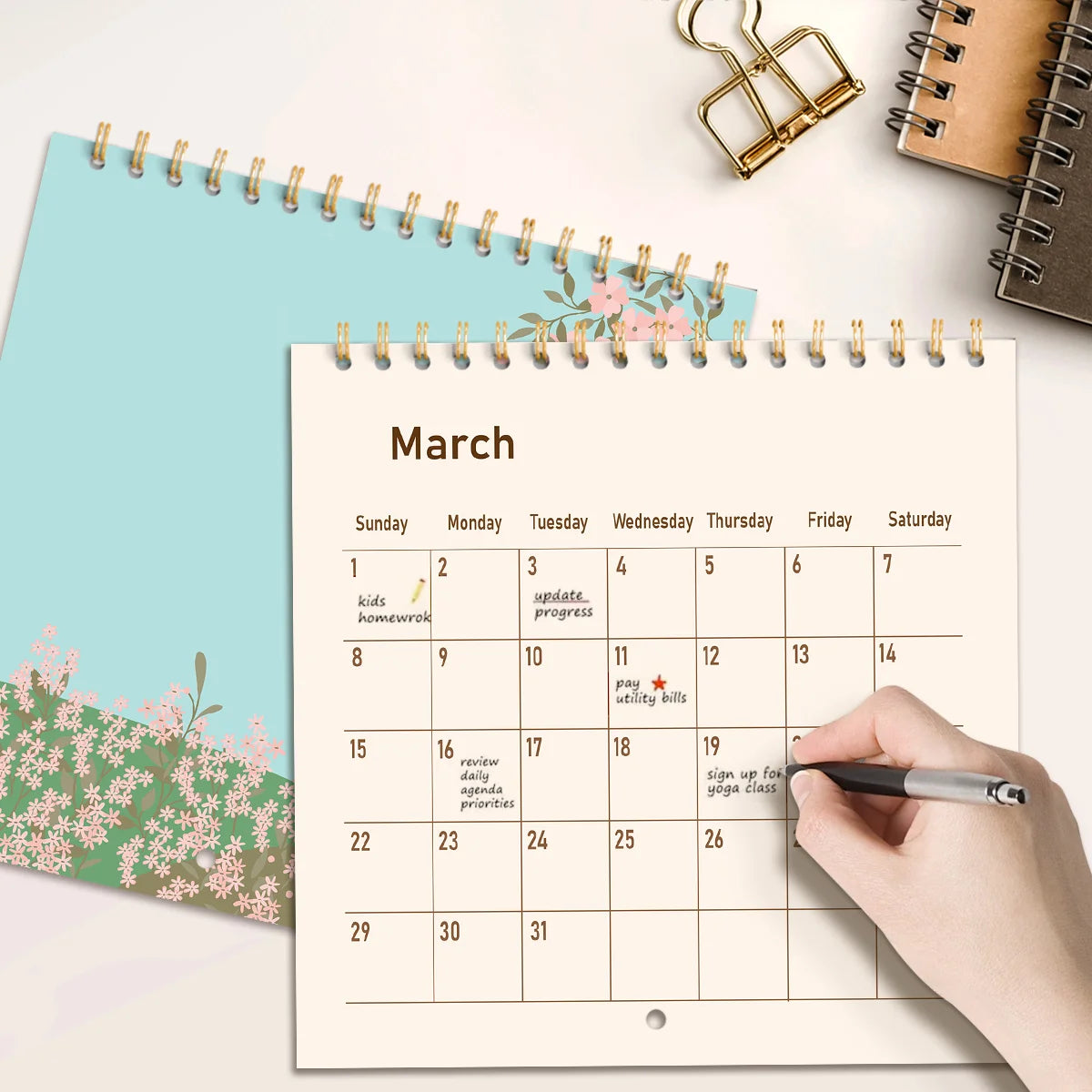 1pc Simple 2026 Desk Calendar Durable Metal Ring Binding Vertical Flip Desktop Desk Calendar 20 * 20cm